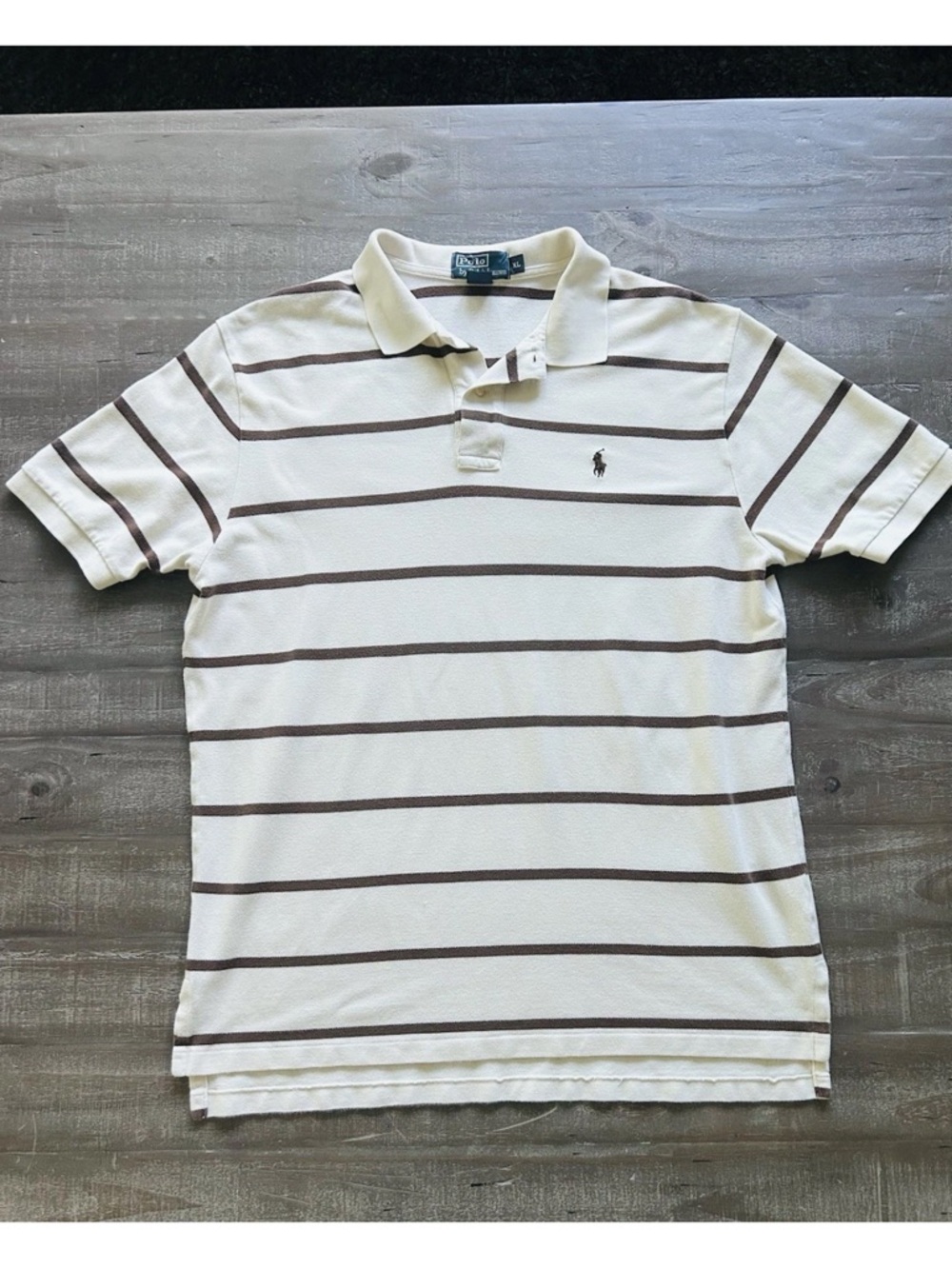 VTG Polo Ralph Lauren Striped Polo Shirt XL Cream Brown Pique Cotton Retro